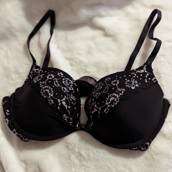 Victoria's Secret Black Push-up with black and pink floral lace detail 34D Bra - Picture 1 of 2
